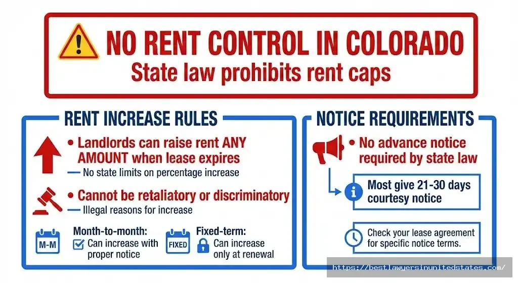 Colorado rent increase rules showing no state rent control and unlimited increase amounts at lease renewal