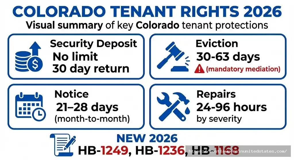 Colorado tenant rights 2026 overview showing security deposit, eviction, and notice requirements