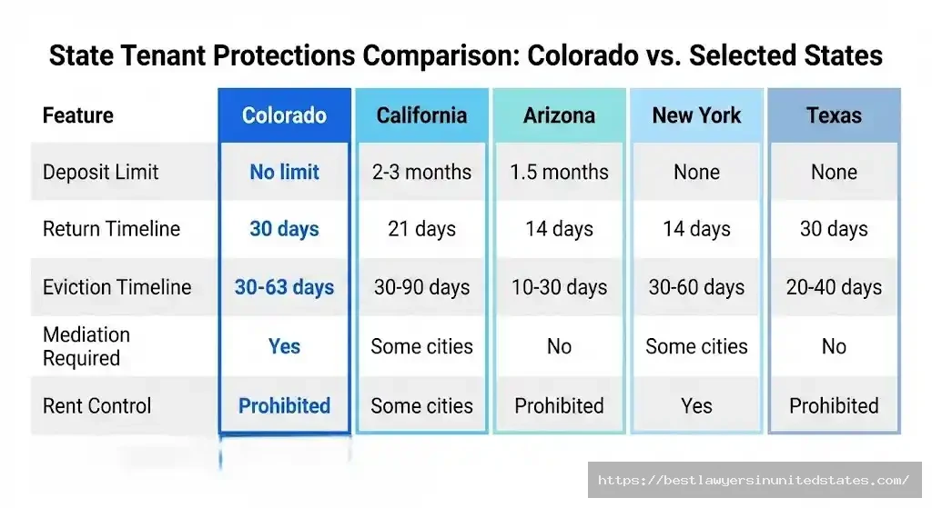 Colorado tenant rights compared to California, Arizona, New York, and Texas showing deposit limits and timelines