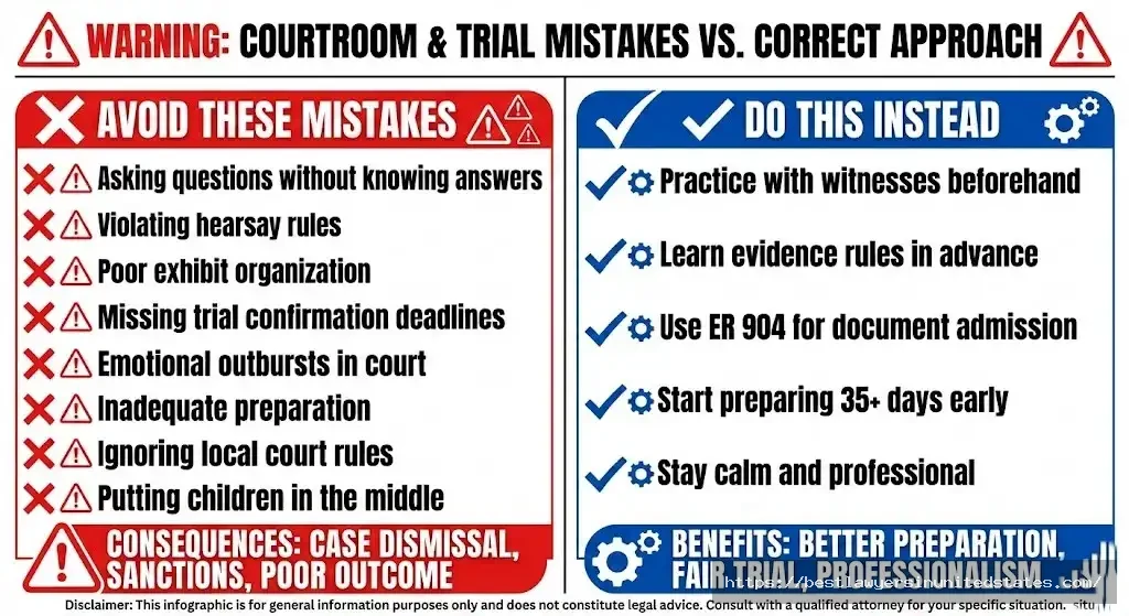 Common divorce trial mistakes including hearsay violations, poor preparation, and emotional outbursts with correct alternatives