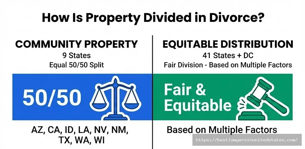 Community property vs equitable distribution states divorce property division comparison 2026