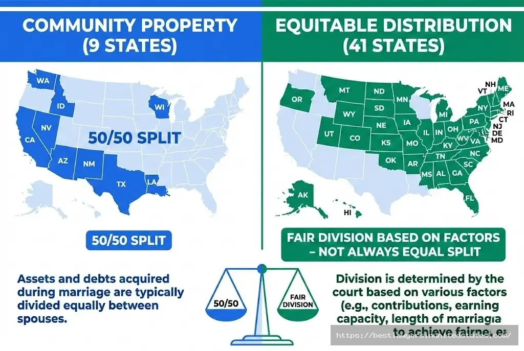 Community property vs equitable distribution states map showing divorce asset division methods 2026