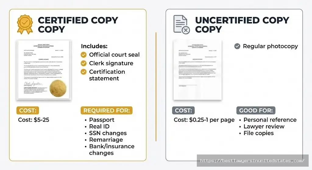 Comparison between certified and uncertified divorce decree copies showing requirements