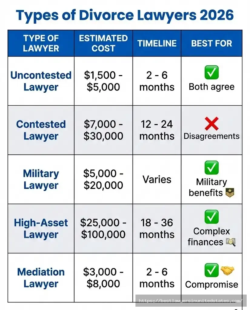 Comparison chart of divorce lawyer types showing uncontested, contested, military, high-asset, and mediation lawyers with costs and timelines