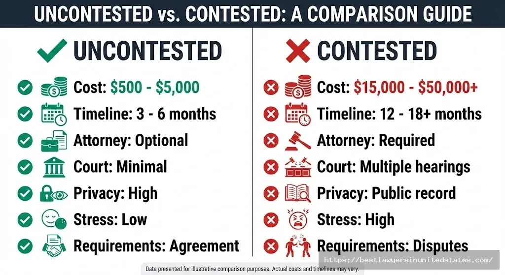 Comparison chart of uncontested vs contested divorce showing costs, timelines, requirements, and key differences