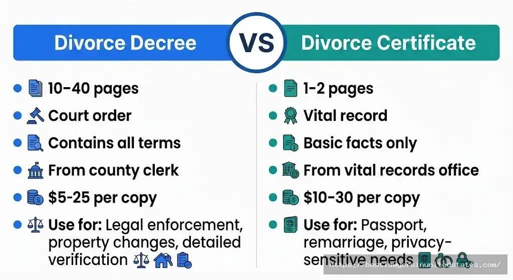 Comparison chart showing differences between divorce decree and divorce certificate