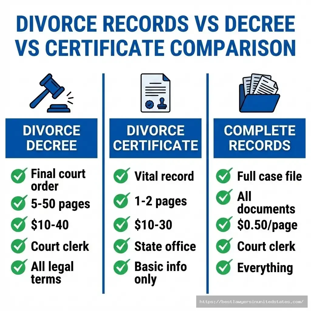 Comparison chart showing differences between divorce decree, certificate, and complete court records with costs