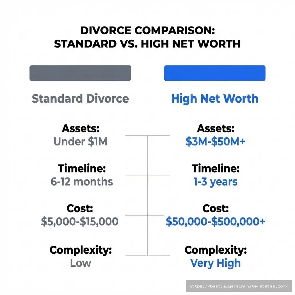 Comparison chart showing high net worth divorce vs standard divorce costs, timeline, and complexity differences