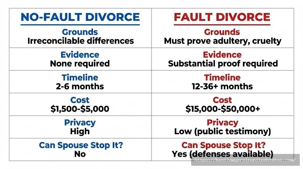 Comparison chart showing key differences between no-fault and fault divorce including cost, timeline, and requirements