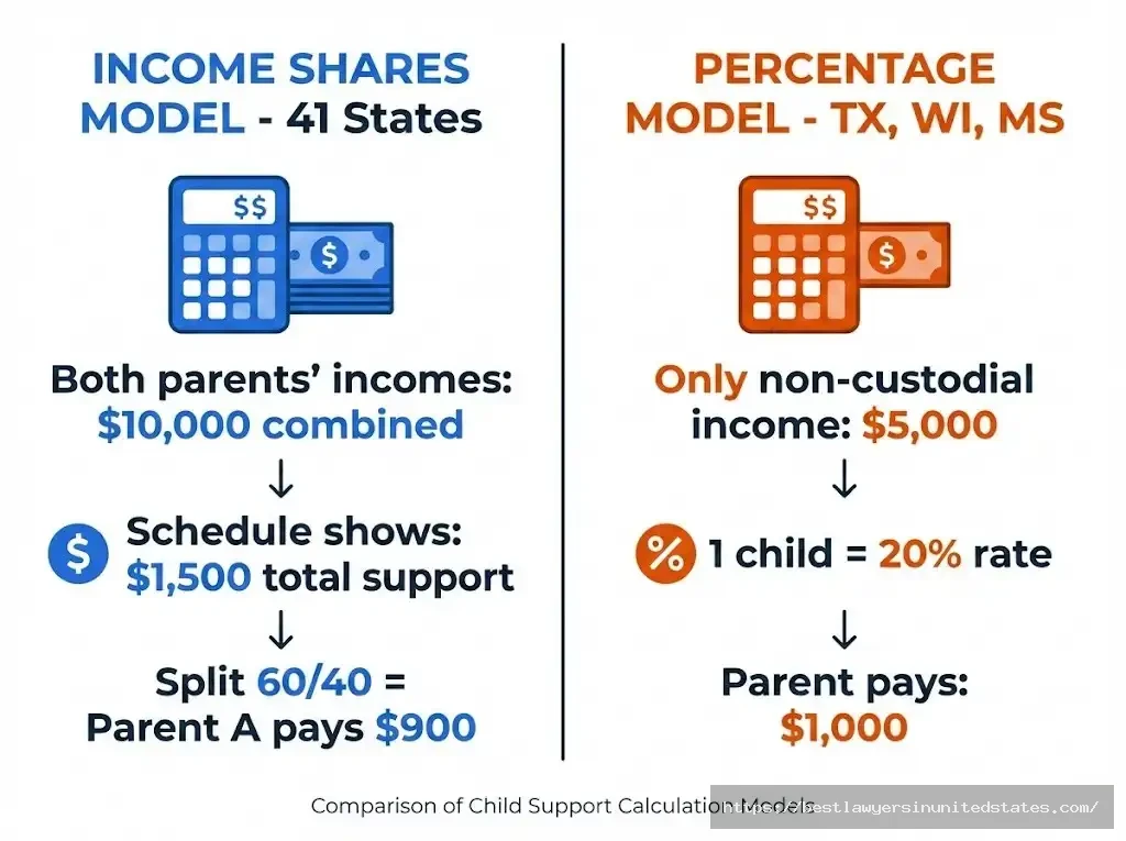 Comparison of Income Shares Model versus Percentage Model for child support calculation with example amounts