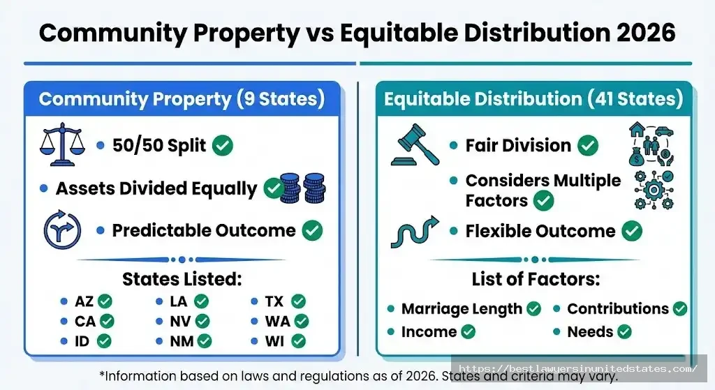 Comparison of community property 5050 split in 9 states vs equitable distribution fair division in 41 states