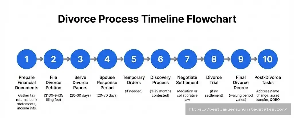 Complete divorce process flowchart showing 10 steps from filing petition to final decree with timelines