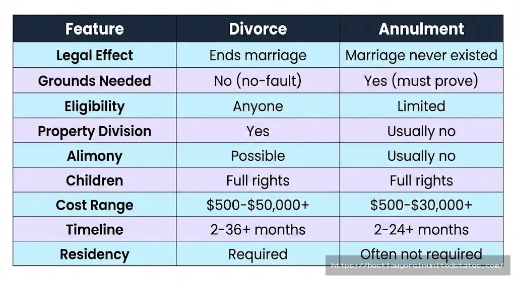 Comprehensive comparison table of divorce vs annulment showing legal effects, costs, and requirements