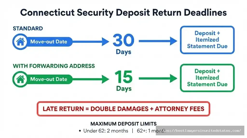 Connecticut security deposit return timeline showing 30-day and 15-day deadlines with penalties