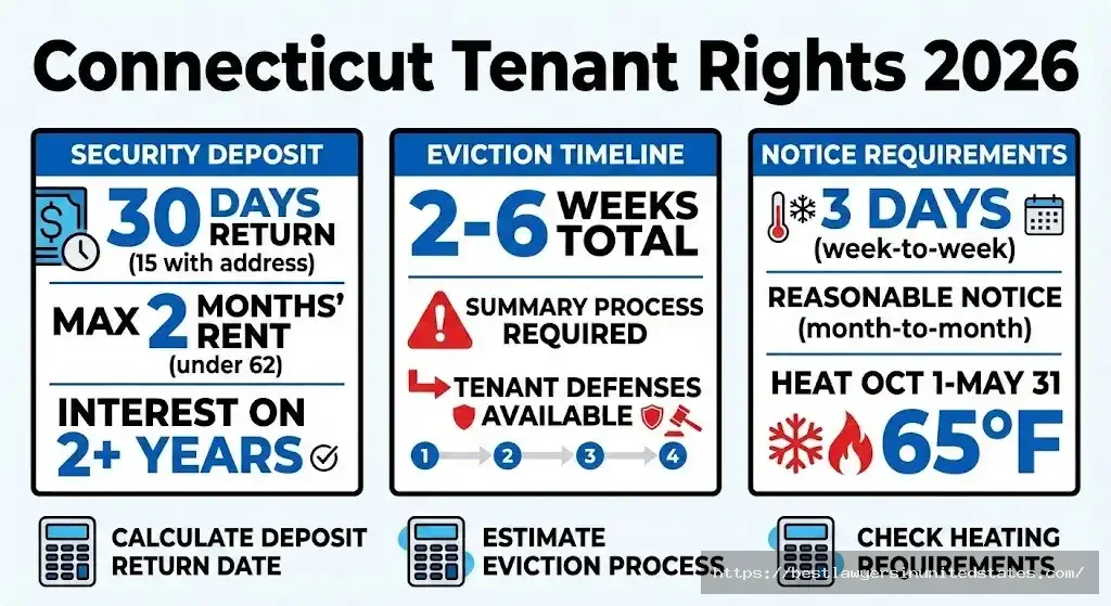 Connecticut tenant rights 2026 overview showing security deposit return timeline, eviction process, and notice requirements