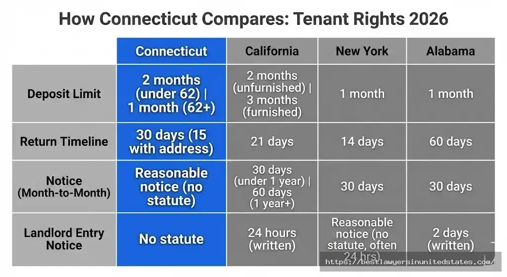 Connecticut tenant rights compared to California, New York, and Alabama showing deposit limits and timelines