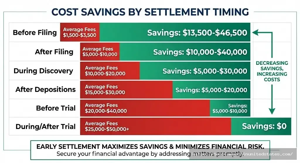 Contested divorce settlement savings chart showing earlier settlement saves $10,000 to $40,000 in legal fees