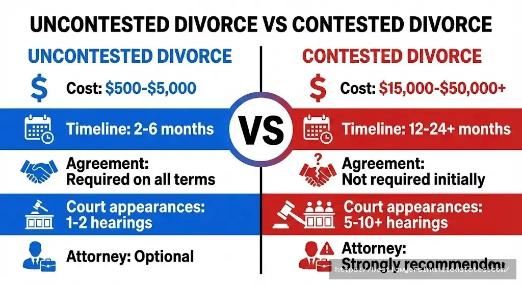 Contested vs uncontested divorce cost comparison showing uncontested at $500-$5,000 and contested at $15,000-$50,000