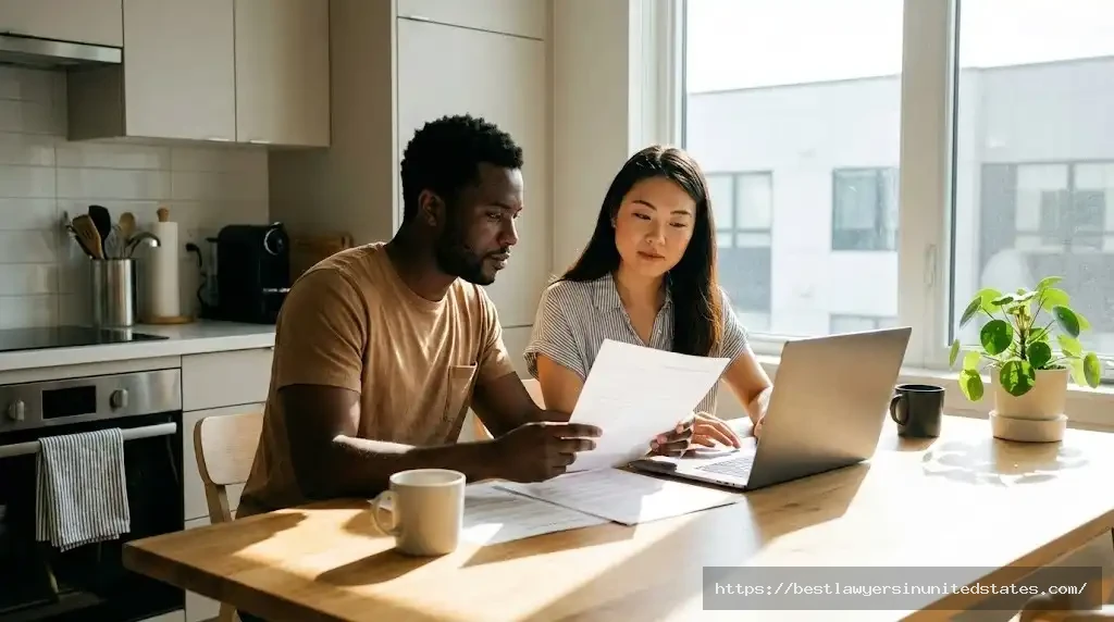 Couple reviewing lease and security deposit documents at home