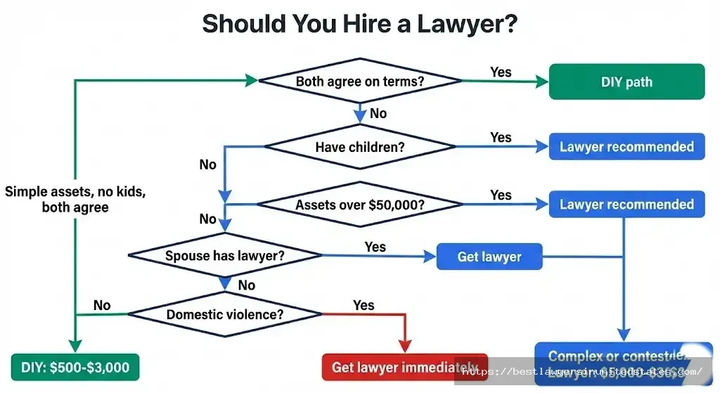 DIY divortce vs lawyer decision flowchart showing when to hire attorney based on assets children and agreemen