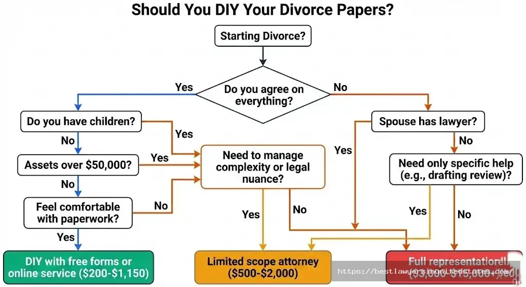 Decision flowchart for DIY divorce papers vs hiring attorney showing cost ranges from $200 to $15,000+
