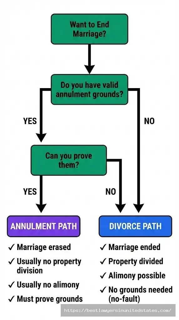 Decision tree flowchart showing when to choose annulment vs divorce based on grounds and circumstances