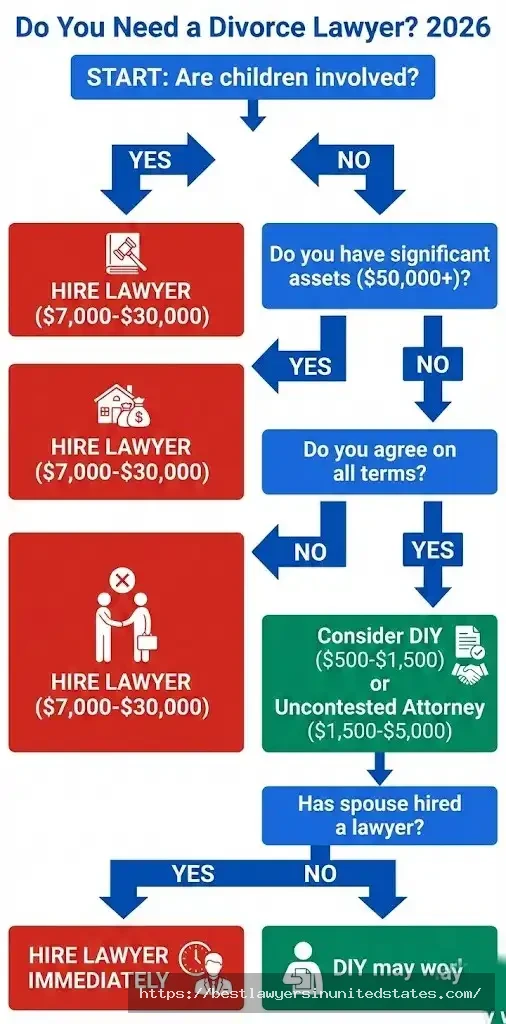 Decision tree helping determine if you need a divorce lawyer based on children, assets, agreement level, and spouse's legal representation