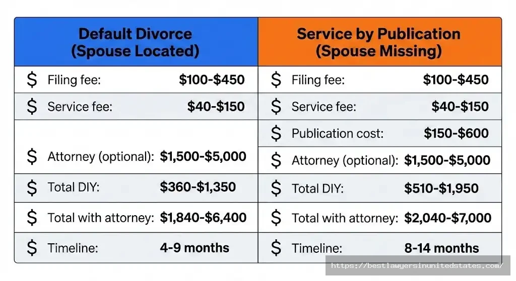 Default divorce costs $360-$6,400 vs service by publication at $510-$7,000 - cost comparison chart 2026