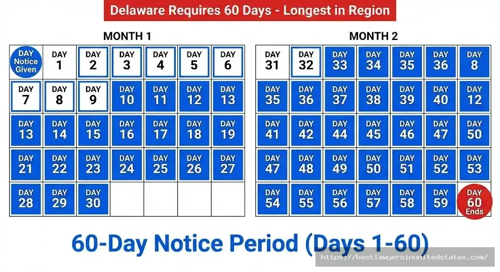 Delaware 60-day lease termination notice requirement calendar showing two-month notice period