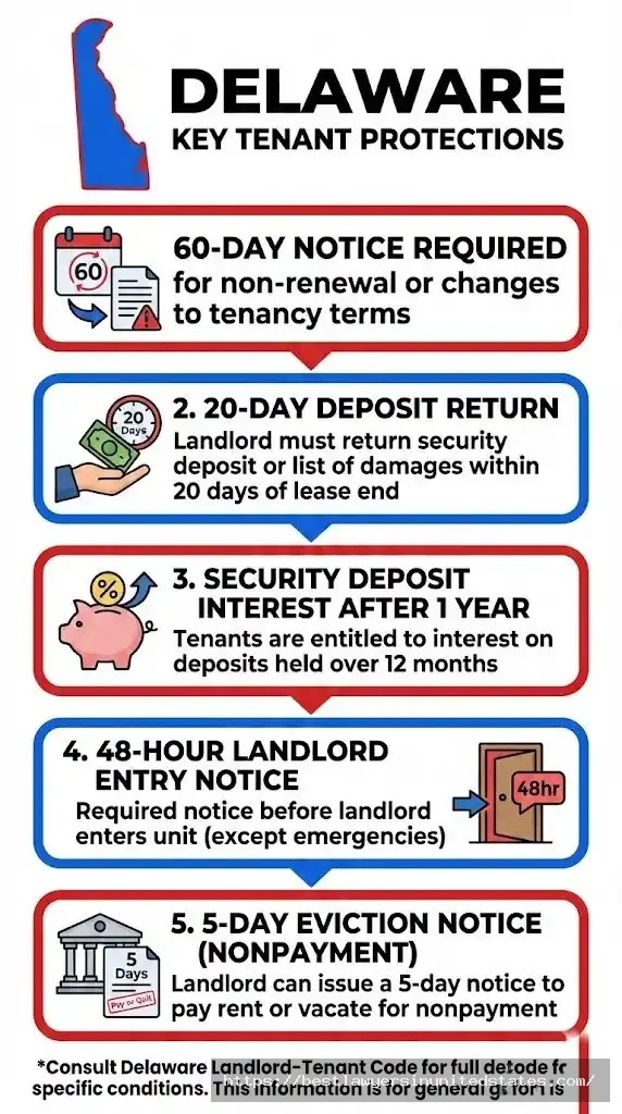 Delaware tenant rights 2026 overview showing 60-day notice requirement and security deposit laws
