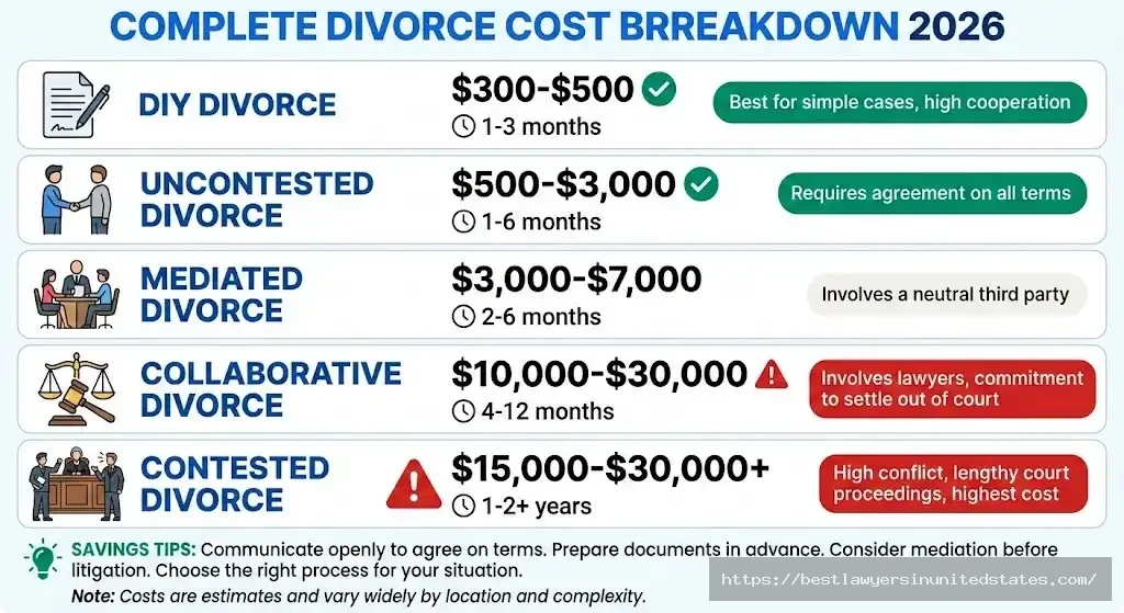 Divorce cost breakdown 2026 showing DIY, uncontested, mediated, collaborative and contested divorce costs and timelines