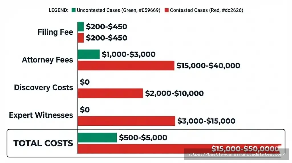Divorce cost breakdown comparing uncontested and contested divorce expenses including attorney and court fees