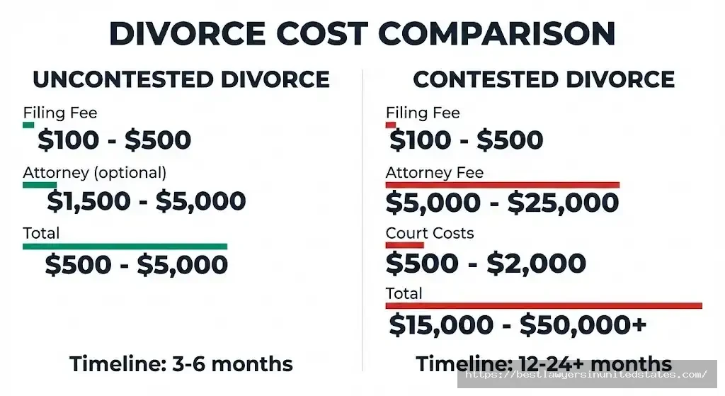 Divorce cost comparison chart showing uncontested $500-$5,000 vs contested $15,000-$50,000 with timelines