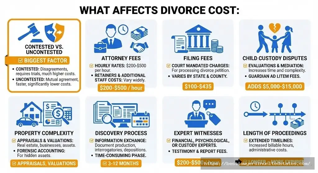 Divorce cost factors infographic showing 8 key elements that affect total divorce expenses in 2026