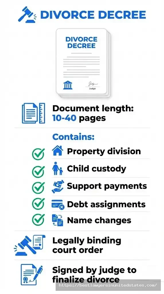 Divorce decree document breakdown showing contents and legal requirements