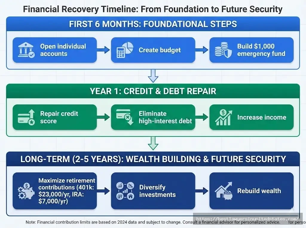 Divorce financial recovery timeline showing stabilization steps from 6 months to 5 years post-divorce