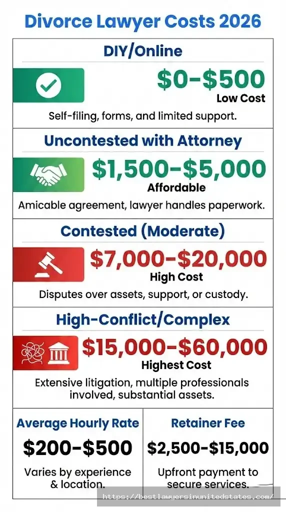 Divorce lawyer costs 2026 breakdown showing uncontested fees $1,500-$5,000 and contested divorce costs $7,000-$60,000