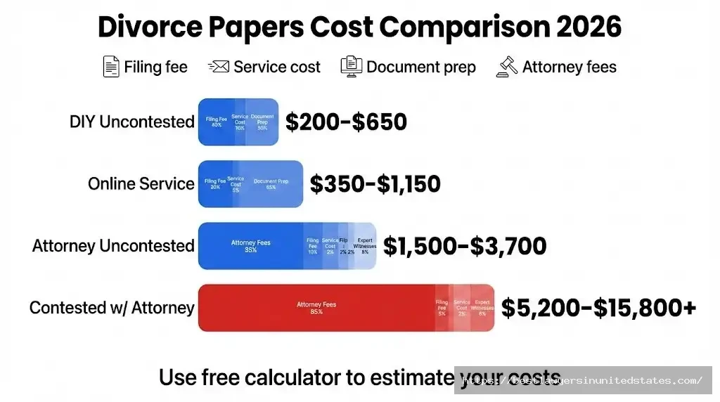 Divorce papers cost comparison chart showing DIY, online service, and attorney costs ranging from $200 to $15,800+