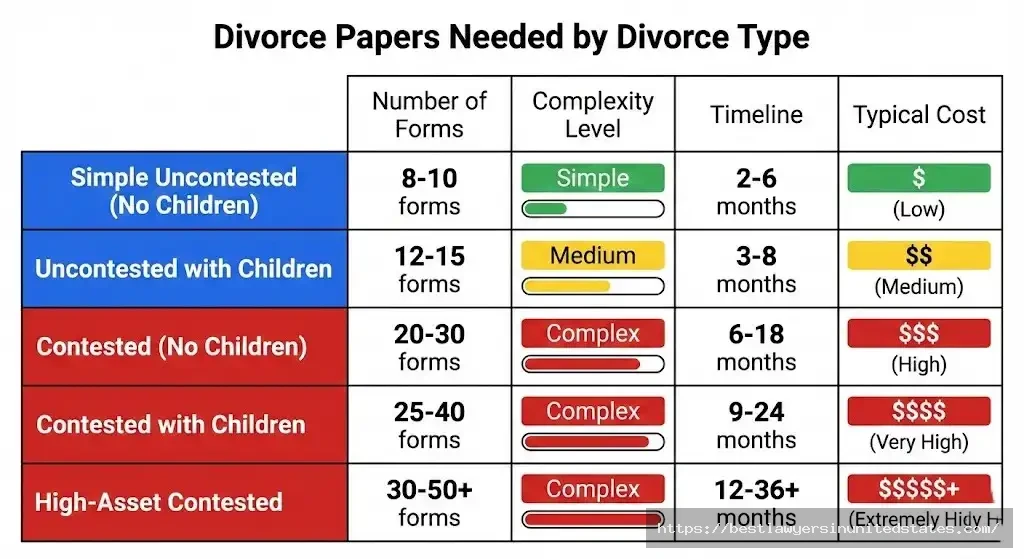 Divorce papers requirements by type showing 8-50+ forms needed and 2-36 month timelines for different divorce types