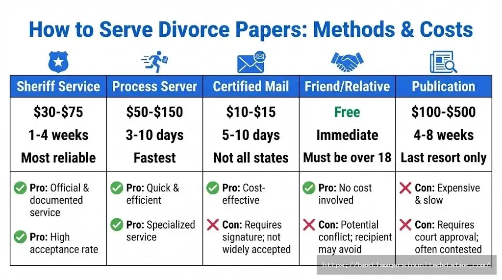 Divorce papers service methods comparison showing costs from $0-$500 and timelines from immediate to 8 weeks