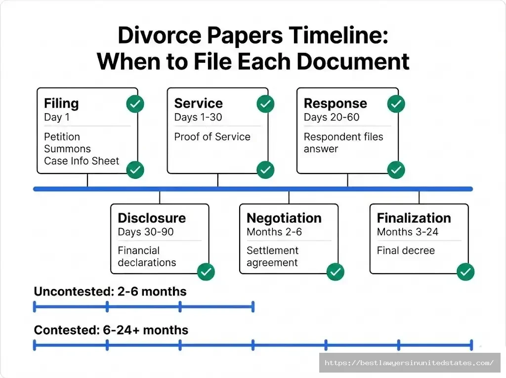Divorce papers timeline showing 6 stages from filing to finalization, 2-24 months depending on contested or uncontested