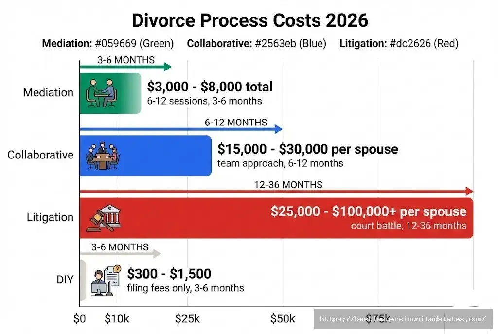 Divorce process cost comparison 2026 showing mediation, collaborative, litigation, and DIY divorce expenses