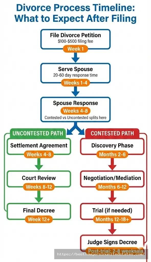Divorce process timeline flowchart showing week-by-week stages from filing to final decree for contested and uncontested