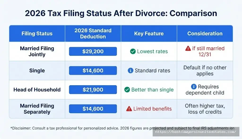Divorce tax filing status comparison showing 2026 standard deductions for single, married, and head of household