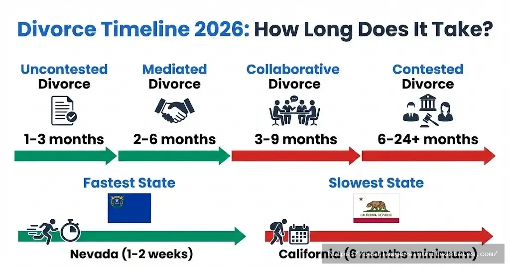 Divorce timeline 2026 showing uncontested takes 1-3 months, contested 6-24+ months, by state waiting periods