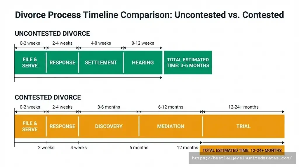 Divorce timeline comparison showing uncontested 3-6 months vs contested 12-24+ months with process stages