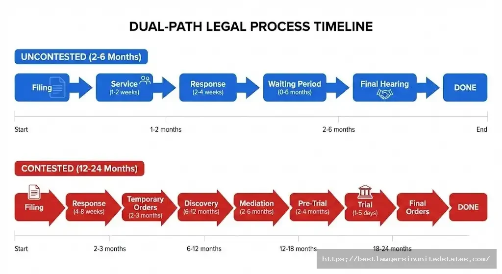 Divorce timeline flowchart showing uncontested takes 2-6 months while contested takes 12-24 months