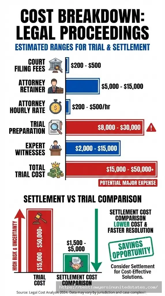 Divorce trial cost breakdown 2026 showing attorney fees, court costs, and expert witness expenses totaling $15,000 to $50,000