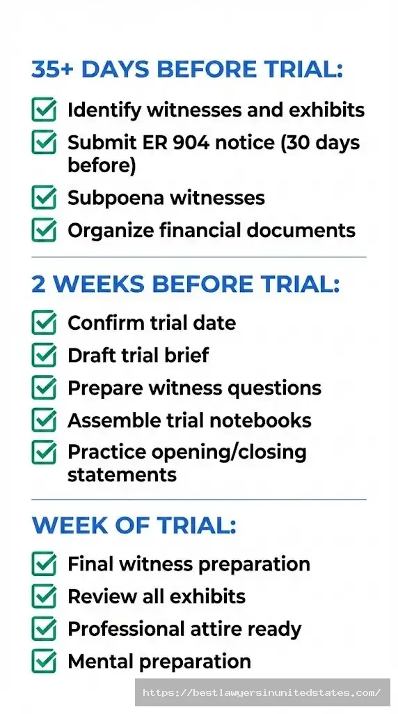Divorce trial preparation checklist showing 35-day timeline with evidence gathering, trial brief drafting, and witness preparation tasks