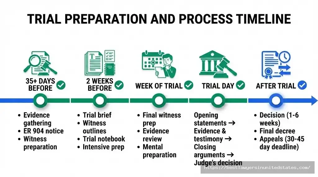 Divorce trial preparation timeline showing 35-day countdown, two-week intensive prep, and trial day process stages